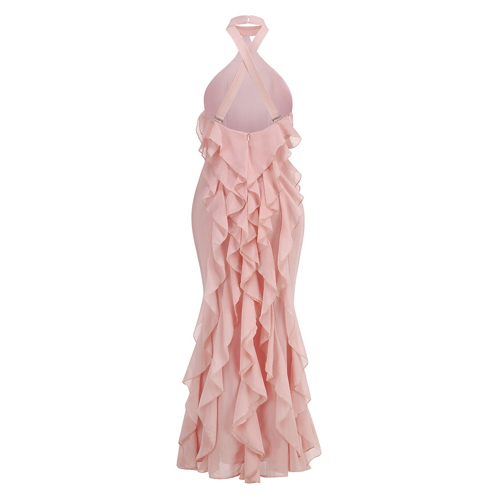 Halter Ruffle Detail Maxi Dress Pink HV3178
