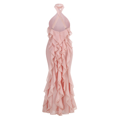 Halter Ruffle Detail Maxi Dress Pink HV3178
