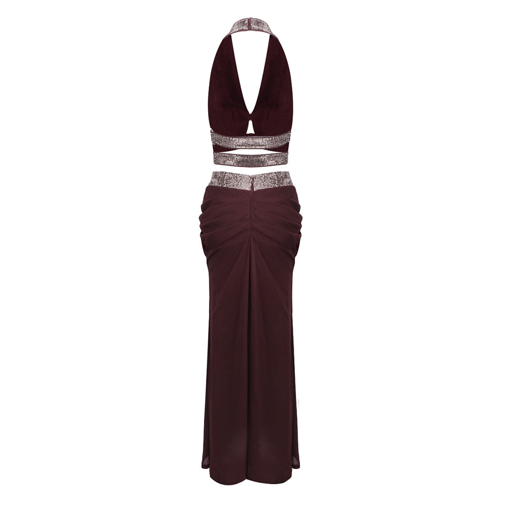 Halter Draped Two Piece Maxi Dress Brown Burgundy HV0072