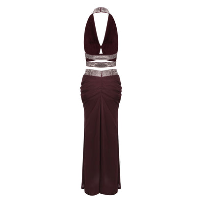 Halter Draped Two Piece Maxi Dress Brown Burgundy HV0072