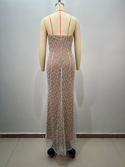 Strapless Pearl Detail Maxi Dress Nude HV2772