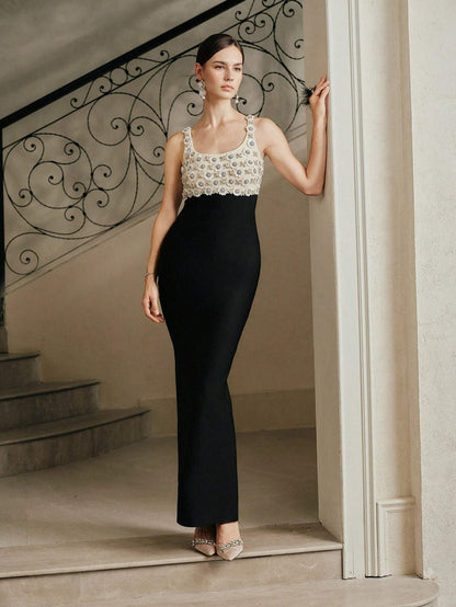 Floral Bustier Maxi Dress Black Ivory HV2607