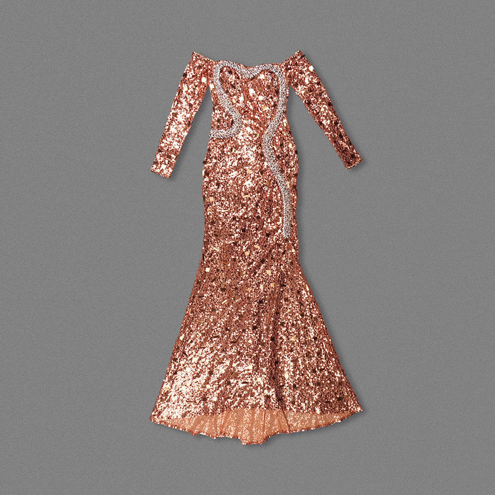 Long Sleeve Bardot Sequin Crystal Maxi Dress Rust HV1724