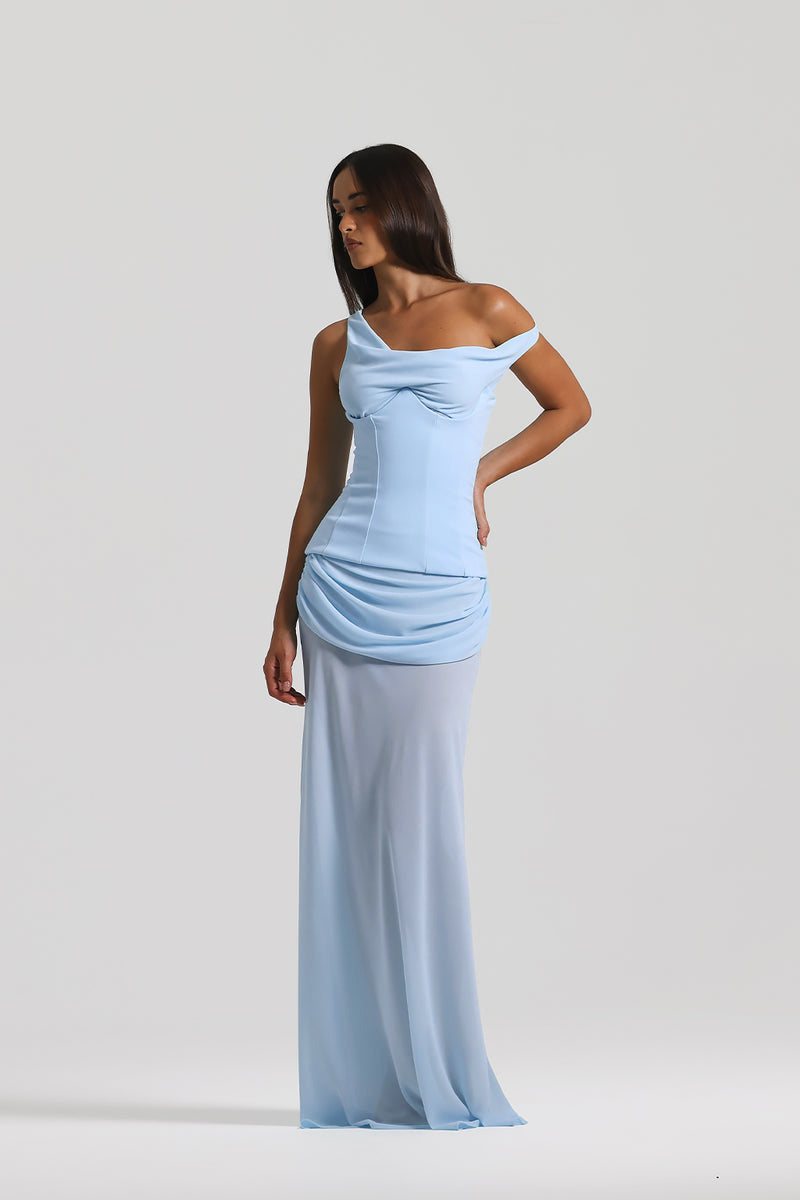 One Shoulder Corset Draped Maxi Dress Blue HV0011
