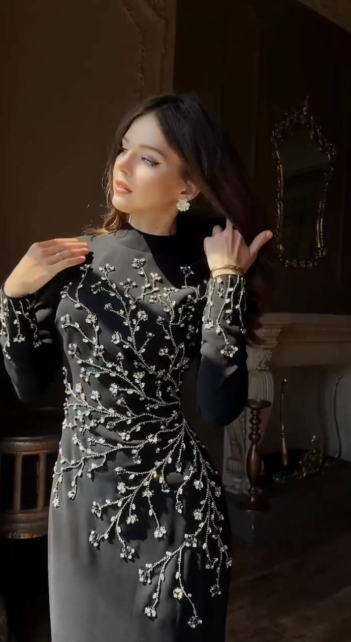 Long Sleeve Crystal Branch Detail Maxi Dress Black HV2647