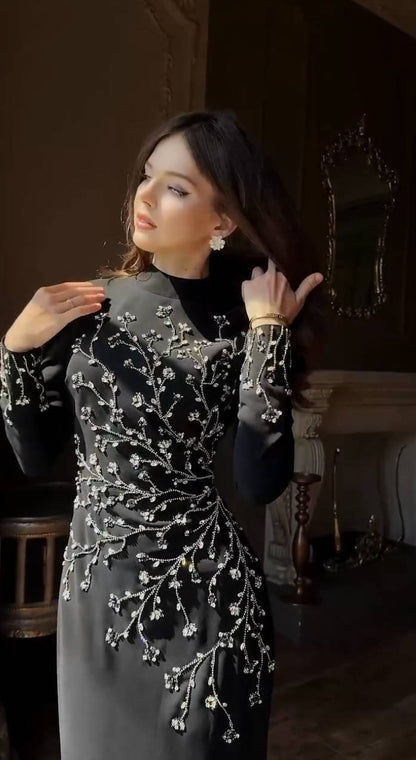Long Sleeve Crystal Branch Detail Maxi Dress Black HV2647