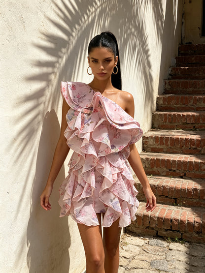One Shoulder Floral Ruffle Dress Pink HV3130