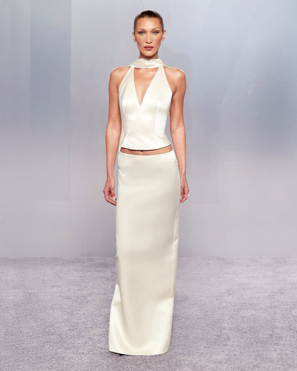 Halter Scarf Two Piece Maxi Dress Ivory HV0109