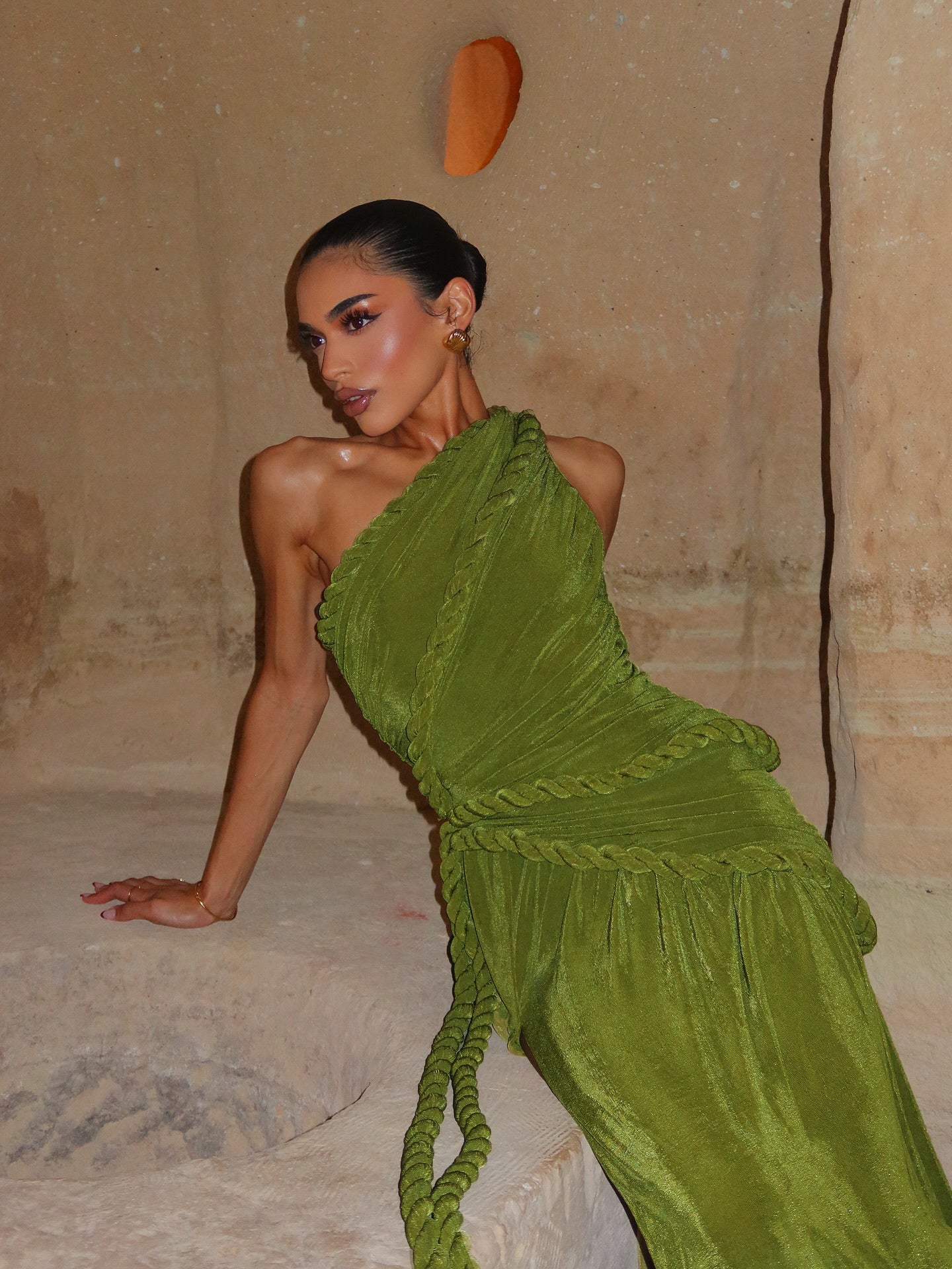 One Shoulder Maxi Velvet Dress Green HV2761