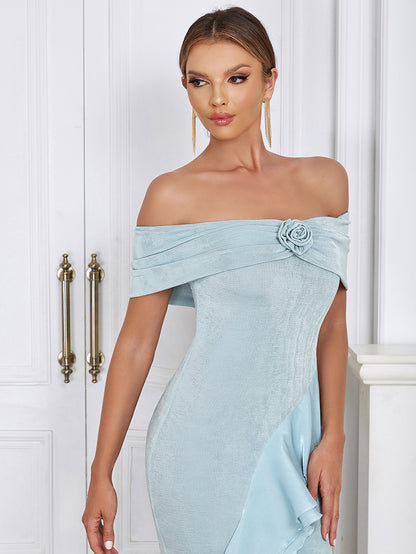 Off Shoulder Ruffle Detail Maxi Dress Light Blue HV9695