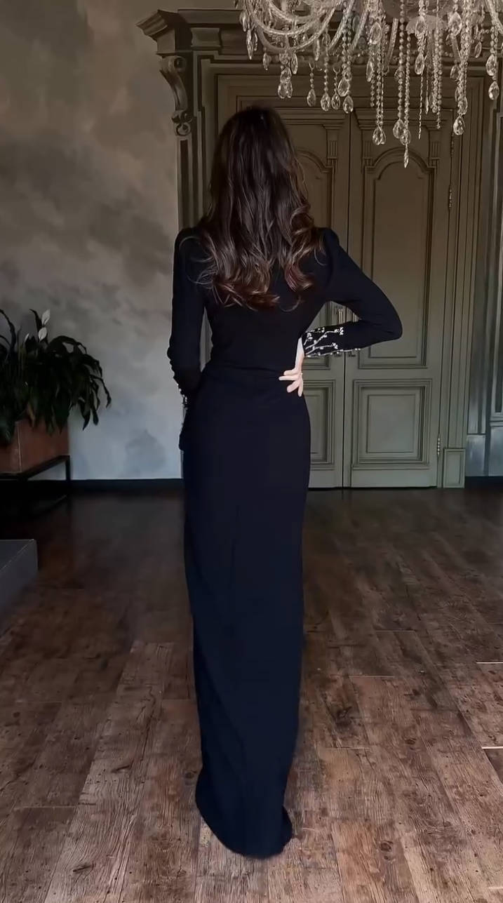 Long Sleeve Crystal Branch Detail Maxi Dress Black HV2647