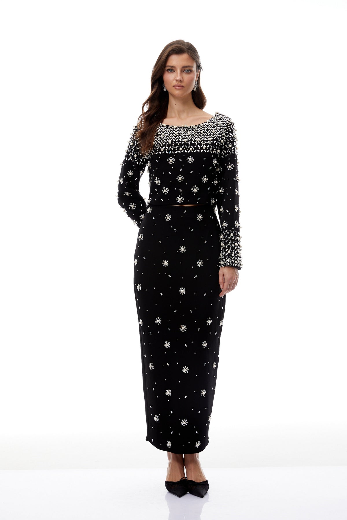 Long Sleeve Crystal Embellished Two Piece Maxi Dress HV3098
