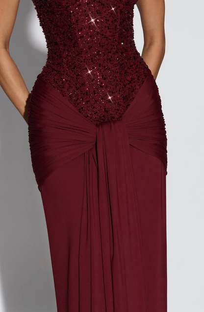 Strapless Sequin Draped Maxi Dress Red HV2813