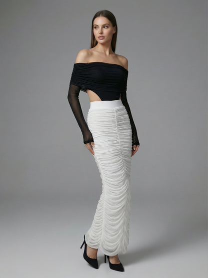 Long Sleeve Draped Bardot Maxi Dress Black White HV2779
