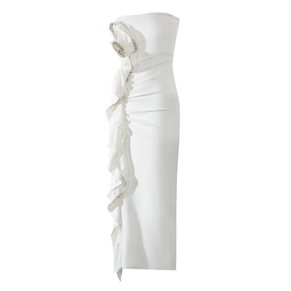 Strapless Embellished Ruffle Maxi Dress White