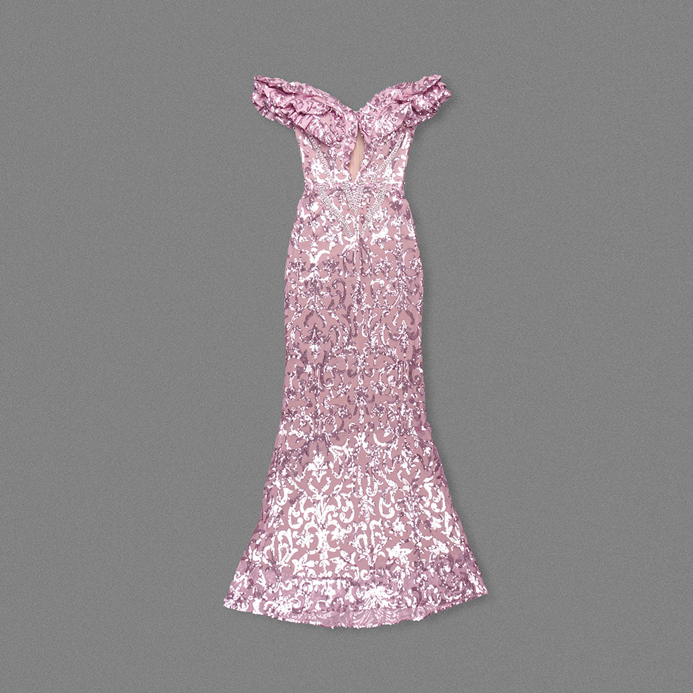 Ruffle Bardot Crystal Sequin Maxi Dress Pink HV1601