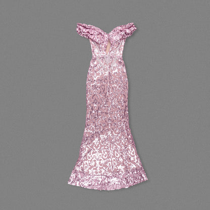 Ruffle Bardot Crystal Sequin Maxi Dress Pink HV1601