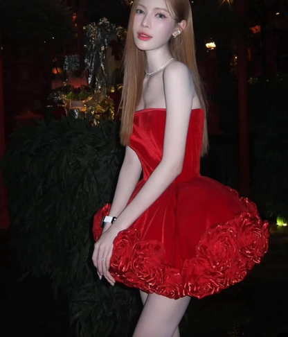 Strapless Floral A Line Velvet Dress Red