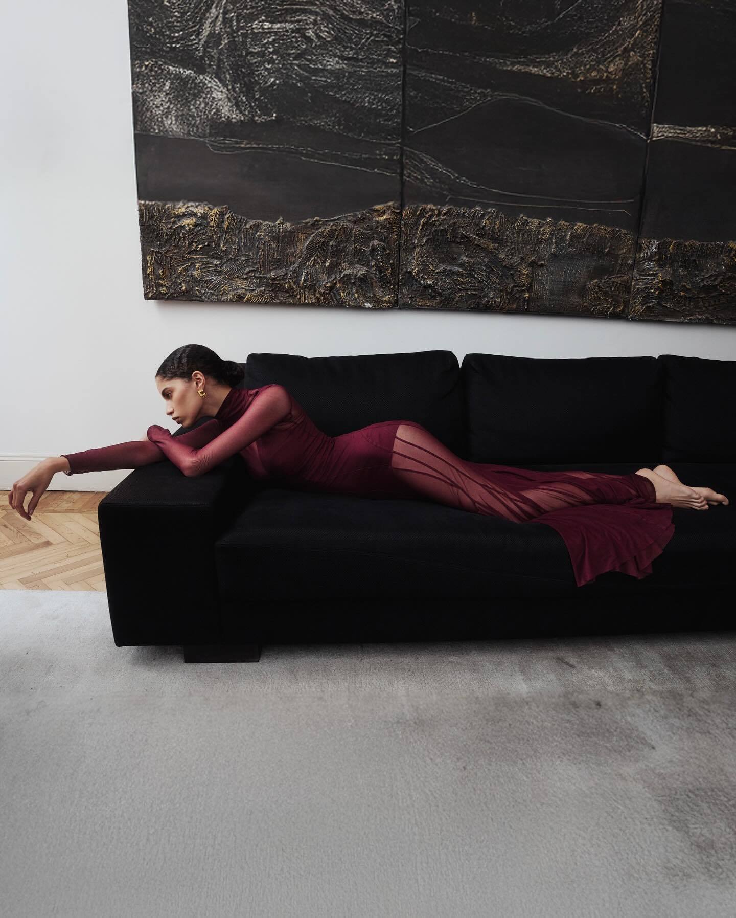 Long Sleeve Mesh Maxi Dress Burgundy HV0064