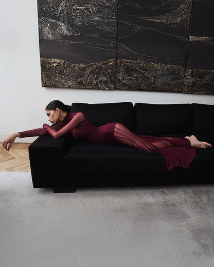 Long Sleeve Mesh Maxi Dress Burgundy HV0064