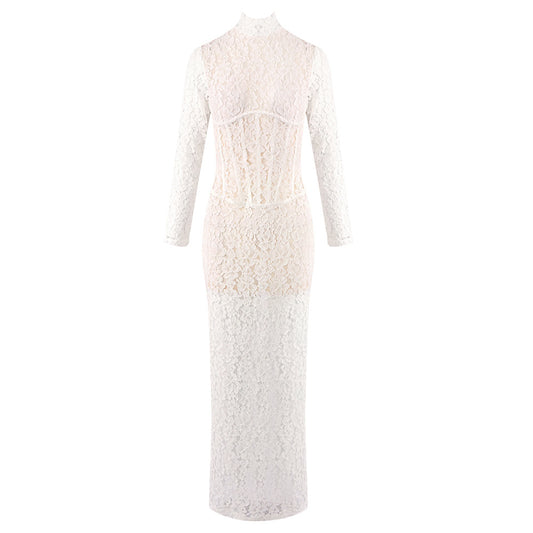 Long Sleeve Structured Lace Maxi Dress White HV2657
