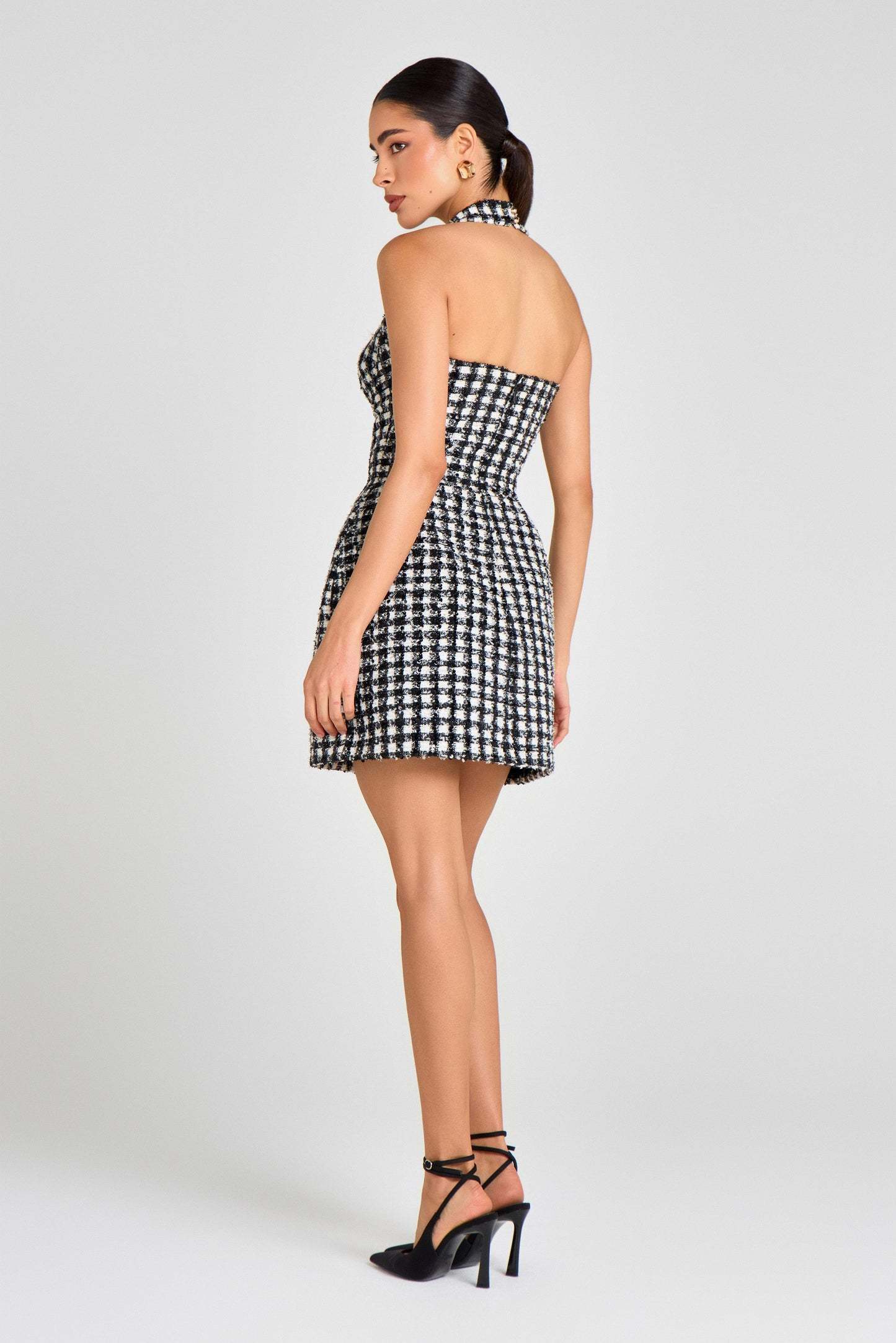 Halter Houndstooth Dress Black White HV2807