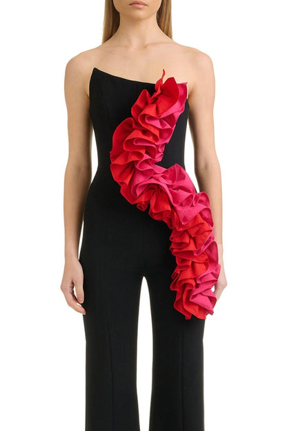 Strapless Ruffle Jumpsuit Black   HV1604