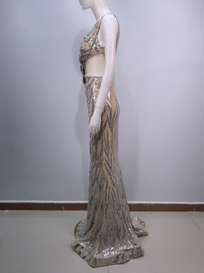 Floral Detail Sequin Maxi Dress Silver Nude HV1628