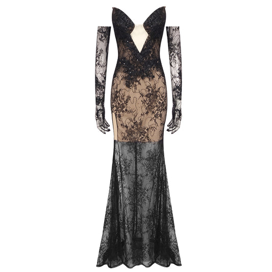 Strapless Sequin Lace Maxi Dress Black HV1630