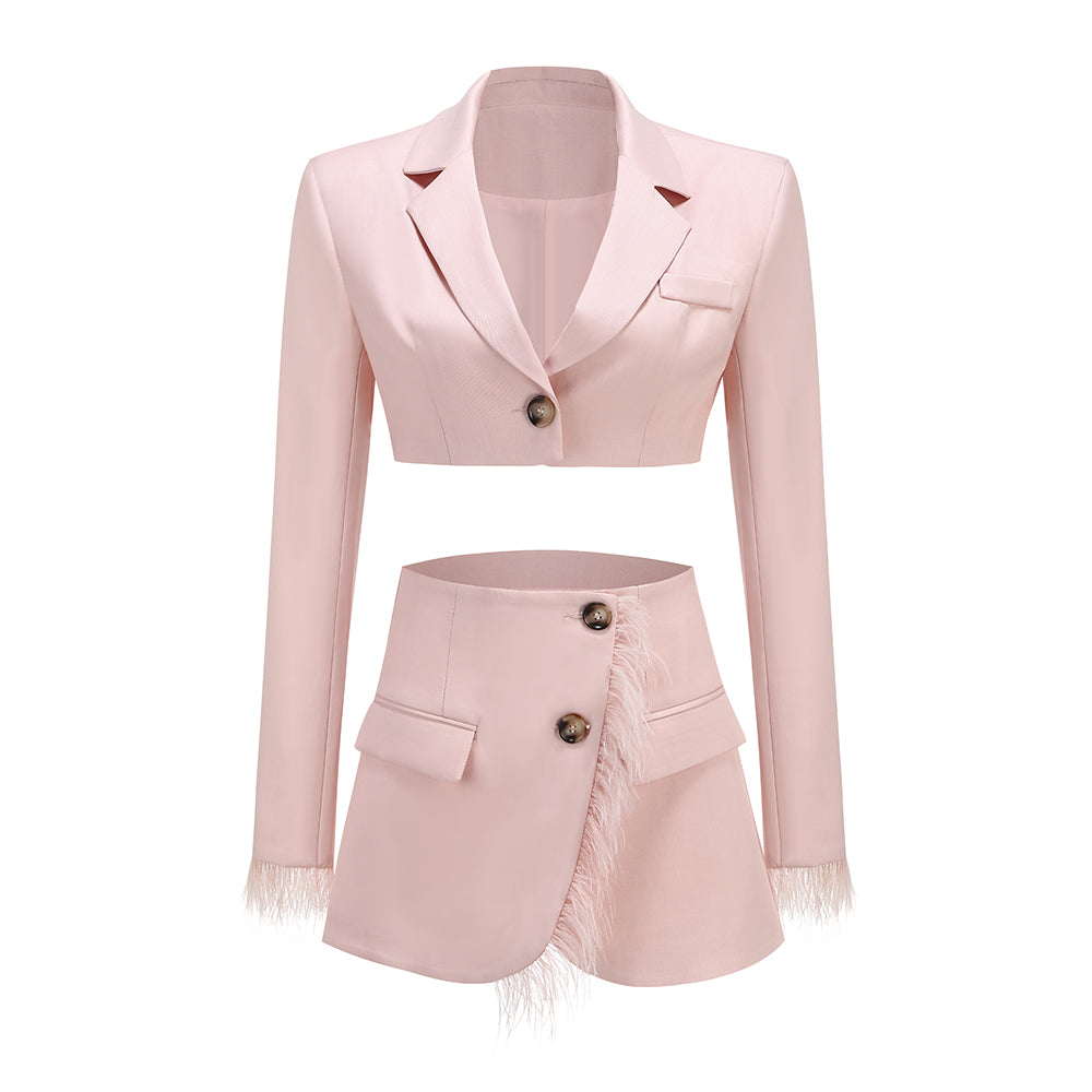 Long Sleeve Feather Two Piece Dress Pink HV1261