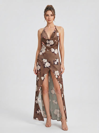 Halter Floral Maxi Dress Brown HV3086