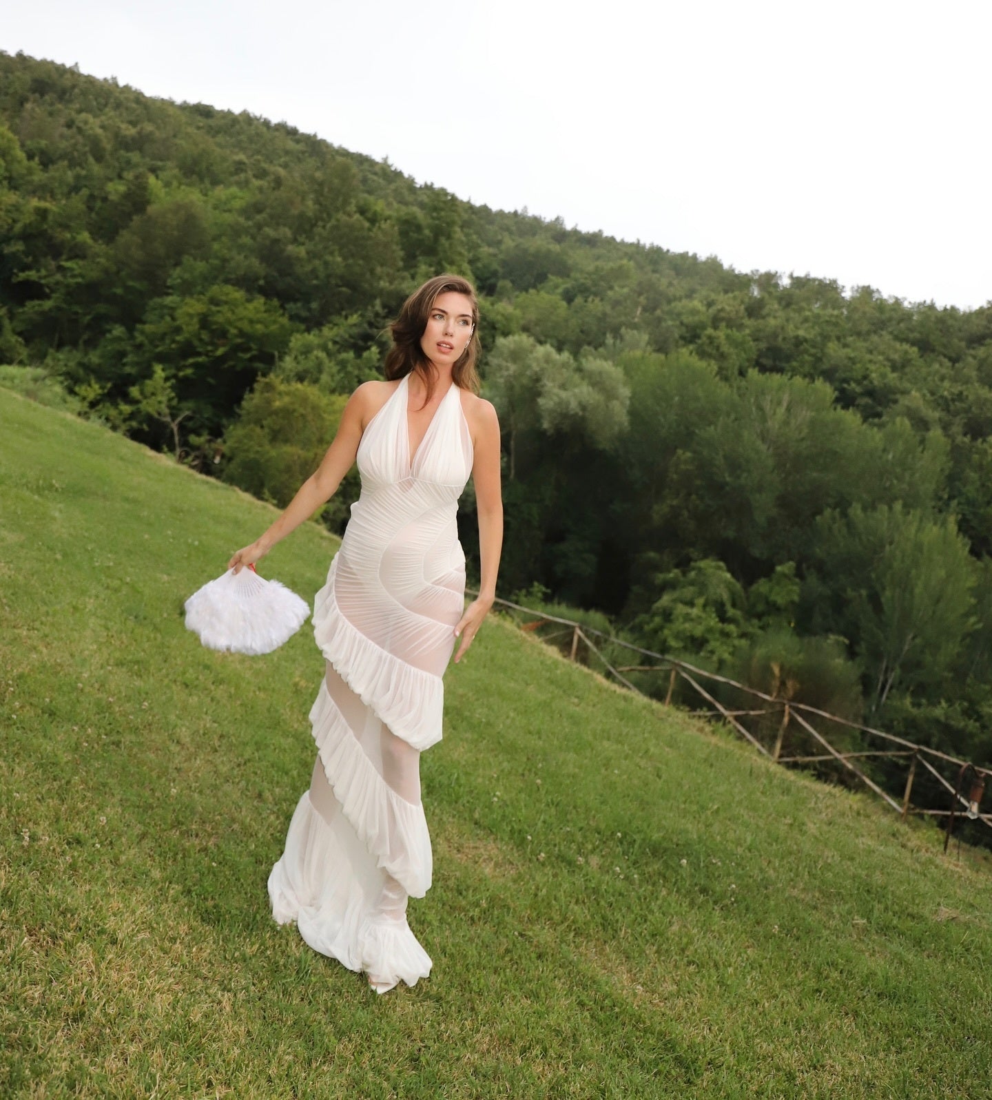 Halter Ruched Ruffle Maxi Dress White HV2589