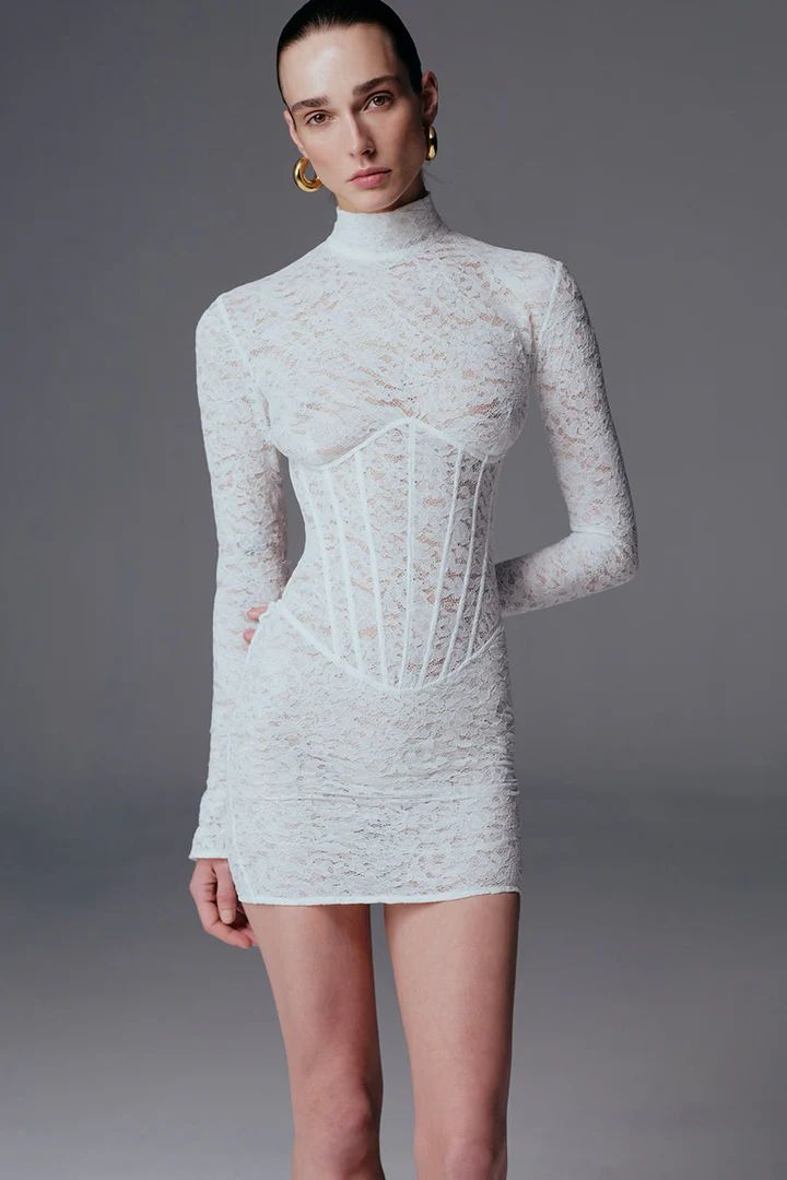 Long Sleeve Structured Lace Dress White