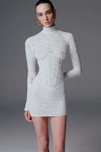 Long Sleeve Lace Corset Dress White HV2245