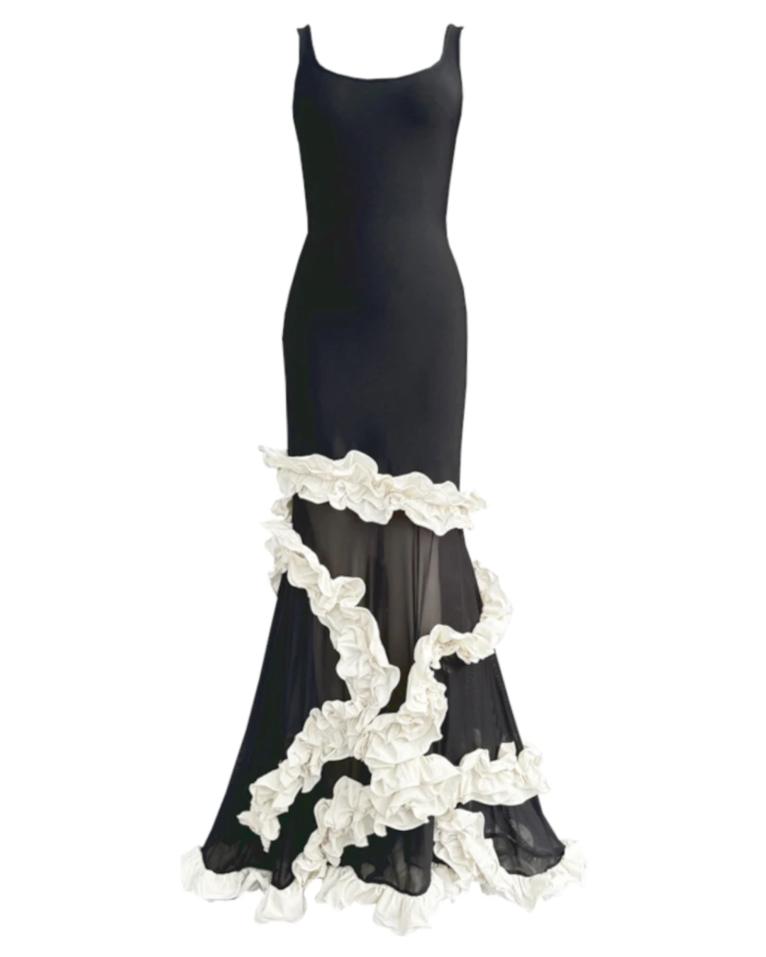 ชุดเดรสยาว Ruffle ตาข่าย สีขาวดำ HV2305