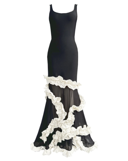 ชุดเดรสยาว Ruffle ตาข่าย สีขาวดำ HV2305