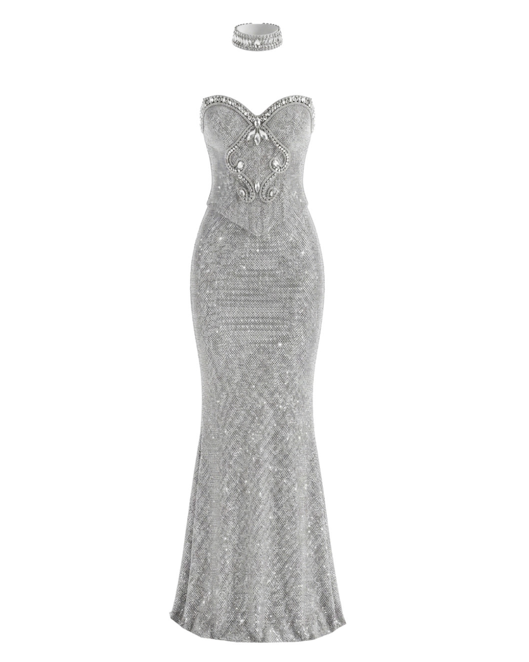 Strapless Crystal Choker Maxi Dress Silver HV2950