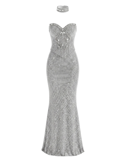 Strapless Crystal Choker Maxi Dress Silver HV2950