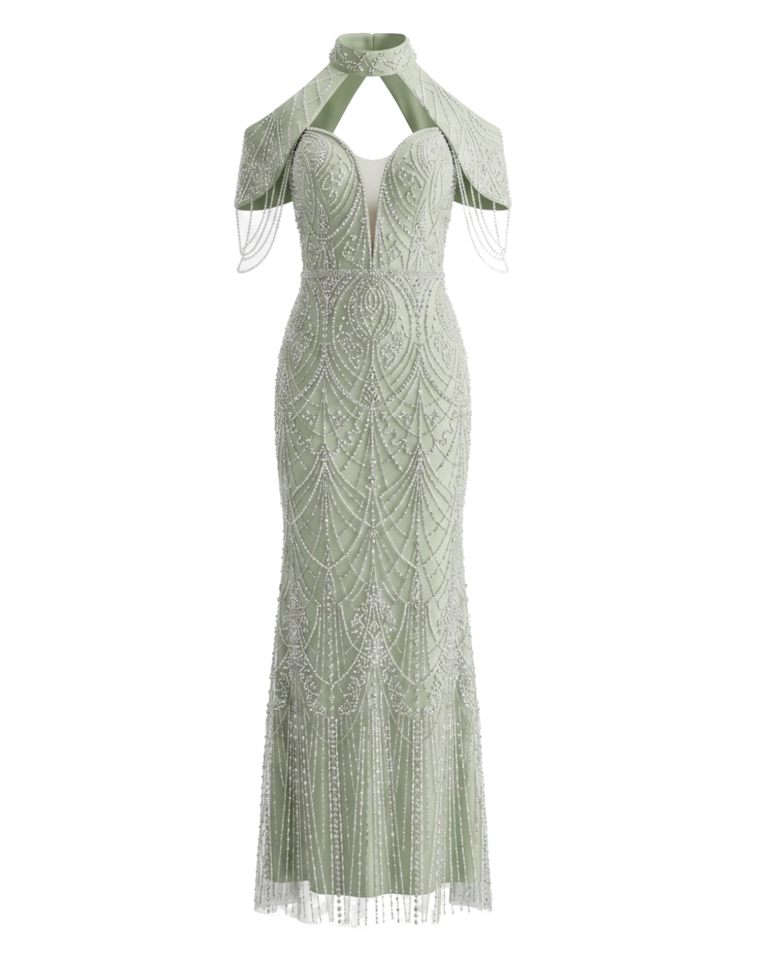 Cold Shoulder Crystal Pearl Maxi Dress Green HV2951