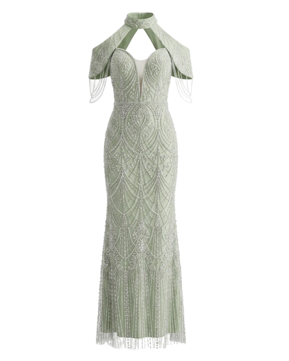 Cold Shoulder Crystal Pearl Maxi Dress Green HV2951