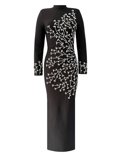 Long Sleeve Crystal Branch Detail Maxi Dress Black HV2647