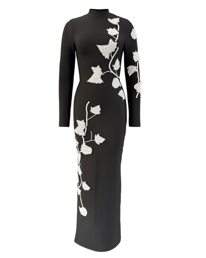 Long Sleeve Floral Crystal Maxi Dress Black HV2646
