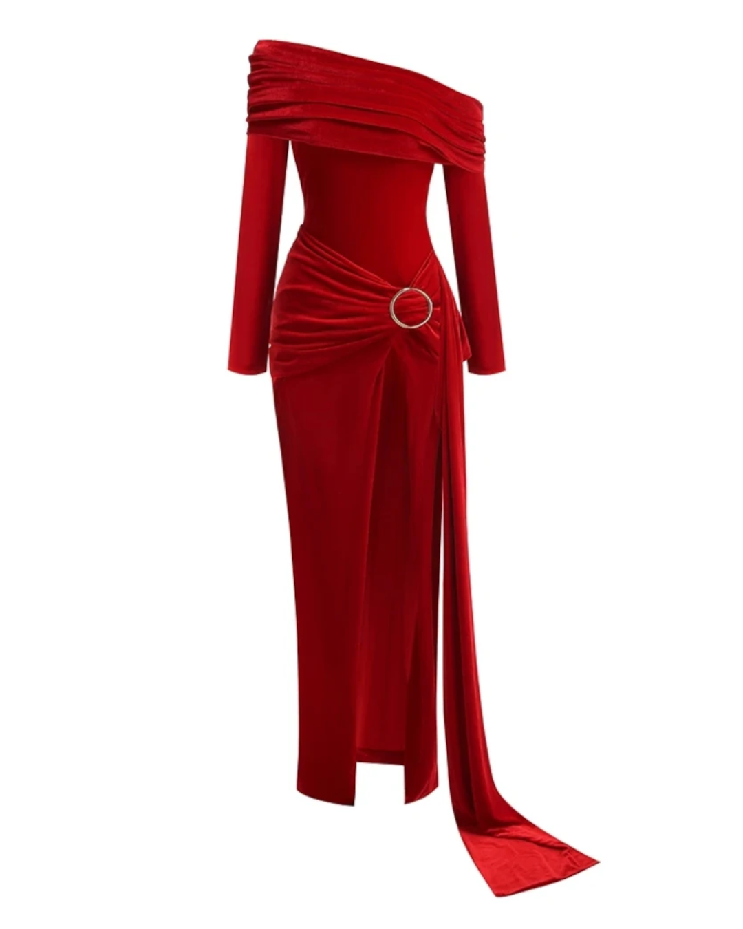 Long Sleeve Draped Bardot Maxi Velvet Dress Red HV2061