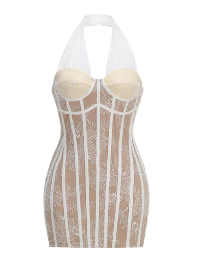 Halter Lace Dress Nude White HV2938