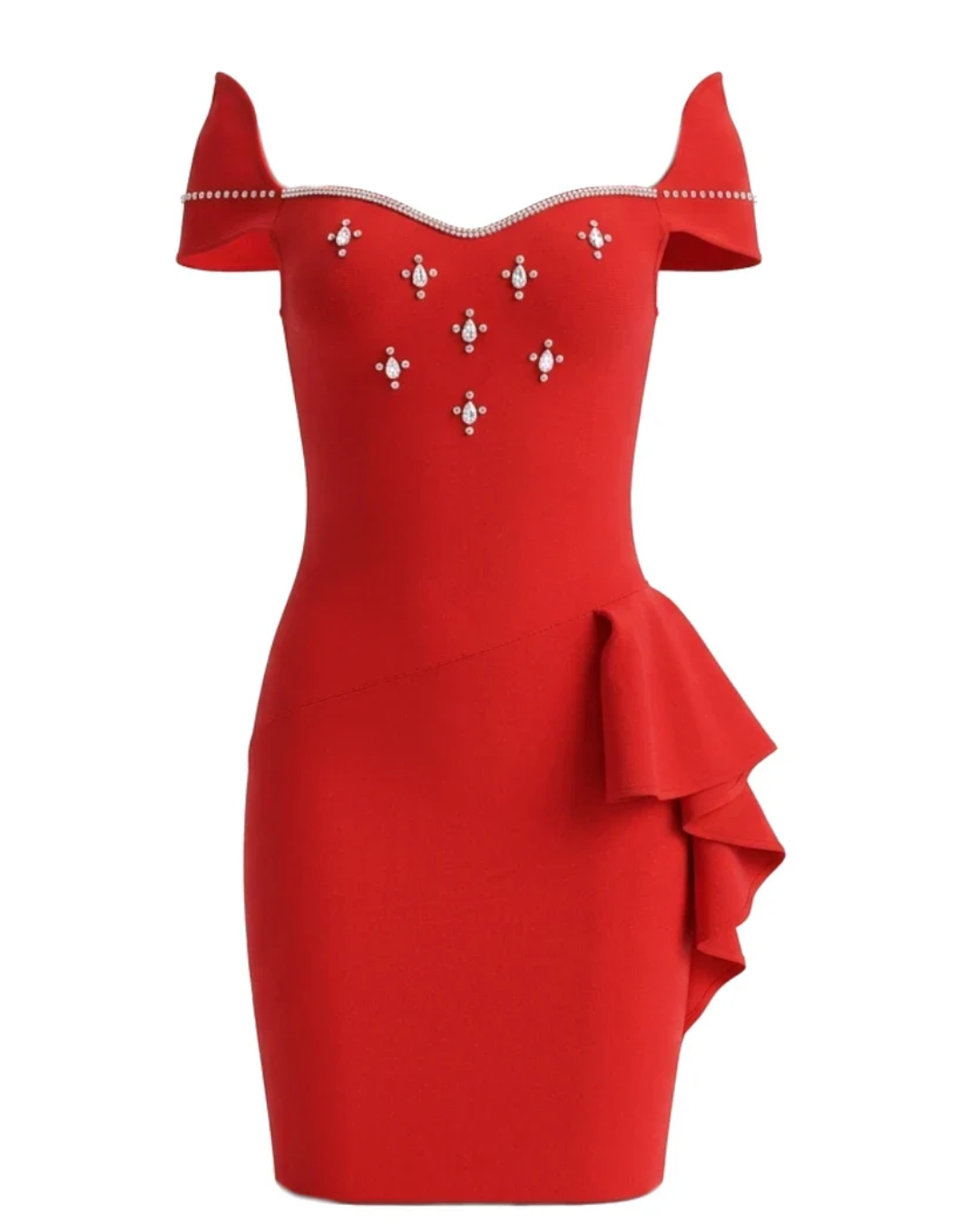 Crystal Bardot Ruffle Detail Dress Red HV2898