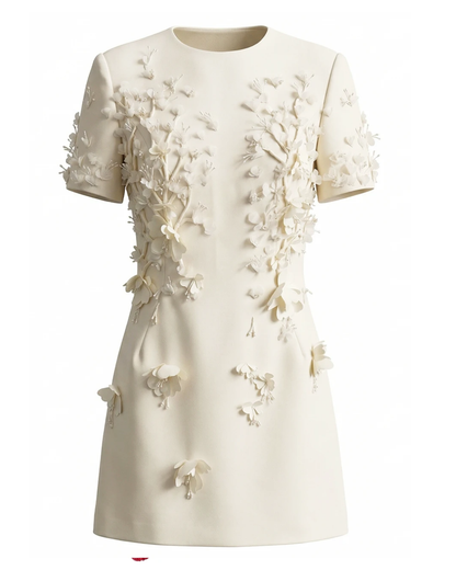 Short Sleeve Floral Dress Ivory HV2893