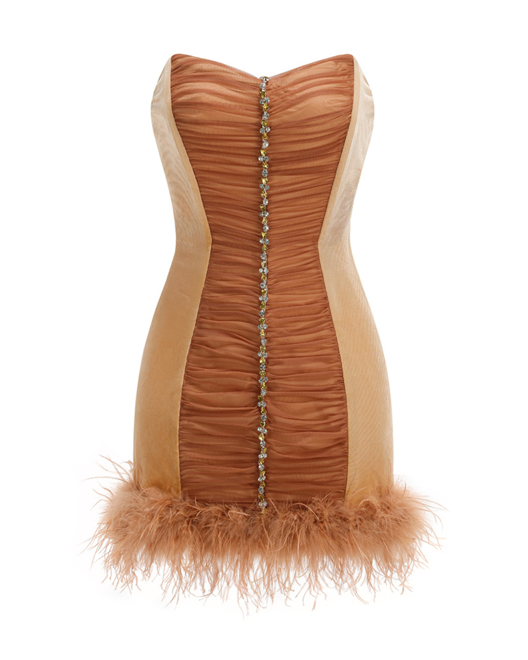 Strapless Crystal Draped Feathers Dress Brown HV2862