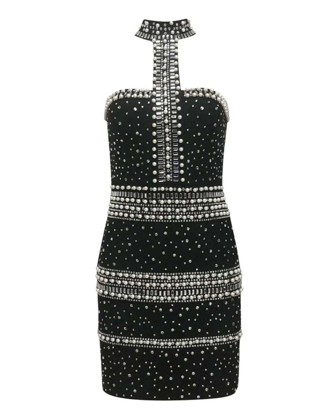 Halter Pearl Crystal Dress Black HV2723