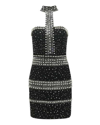 Halter Pearl Crystal Dress Black HV2723