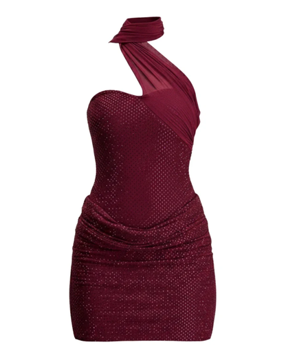 Halter Scarf Draped Sparkly Dress Burgundy HV2798